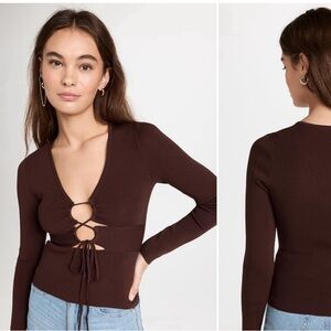 Astr Tie Front Brown Long Sleeve Top